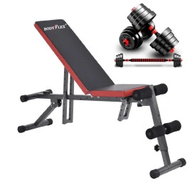 Многофункционална пейка Bodyflex BF104 + Дъмбели 2x15кг и лост width=